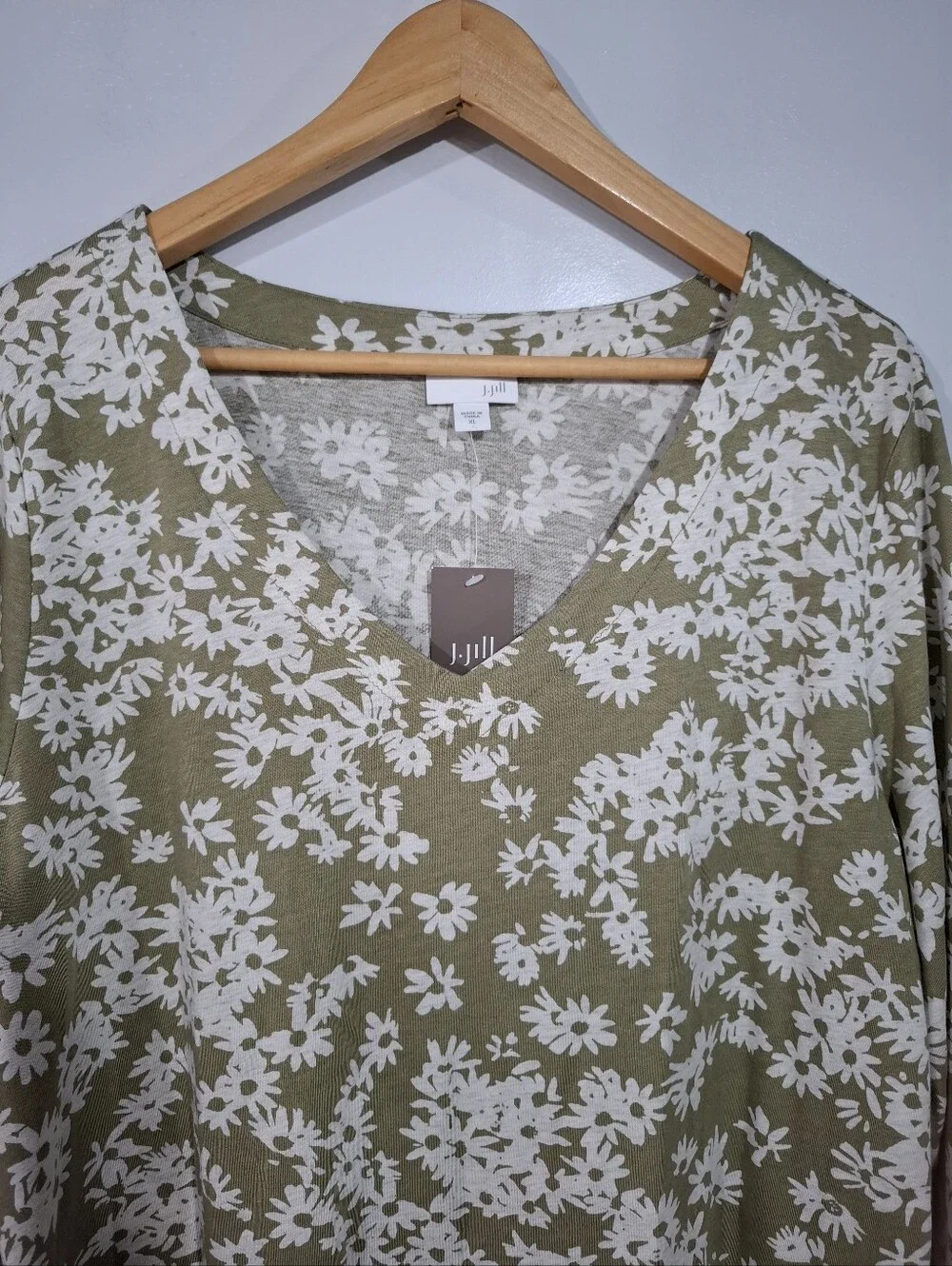 J.JILL Womens Olive Green Daisy Floral V-Neck Shirt Top 3/4 Sleeve XL NWT Ladies - Picture 6 of 12